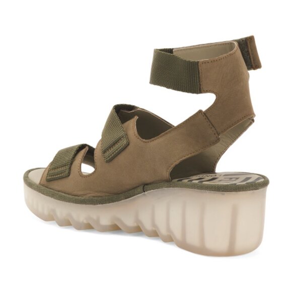 NEW FLY LONDON Made In Portugal Leather Bech Comfort Wedge Sandals khaki 864tn - Picture 6 of 10